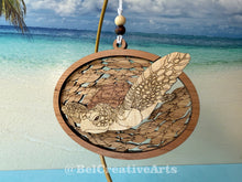 Load image into Gallery viewer, Green sea turtle wooden layered ornament, handcrafted with mahogany, maple, and sapele veneers, 5.5" wide by 4.4" tall, made in Virginia, USA, @BelCreativeArts