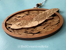 Load image into Gallery viewer, Green sea turtle wooden layered ornament, handcrafted with mahogany, maple, and sapele veneers, 5.5" wide by 4.4" tall, made in Virginia, USA, @BelCreativeArts