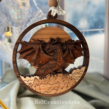 Load image into Gallery viewer, Handcrafted 4" Layered Wood Dragon Ornament - Intricate 3D Design