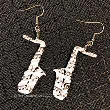 Load image into Gallery viewer, Saxophone Earrings, music note patterned earrings, made in USA