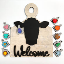 Load image into Gallery viewer, Farmhouse decor, cow sign with interchangeable tags, made in USA