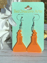 Load image into Gallery viewer, Fluorescent UV Orange Erlenmeyer Flask Dangle Drop Earrings - Women in Science (STEM/STEAM) Series - Bel Creative Arts