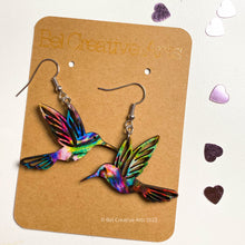 Load image into Gallery viewer, Hummingbird earrings, jewel tone pattern, hand made in USA