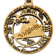 Load image into Gallery viewer, VIRGINIA engraved wooden ornament with cities and counties