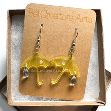 Load image into Gallery viewer, Yellow umbrella rainy day dangle earrings, handmade in America