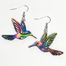 Load image into Gallery viewer, Hummingbird earrings, jewel tone pattern, hand made in USA