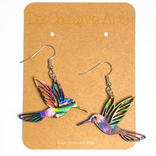 Load image into Gallery viewer, Hummingbird earrings, jewel tone pattern, hand made in USA