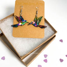 Load image into Gallery viewer, Hummingbird earrings, jewel tone pattern, hand made in USA