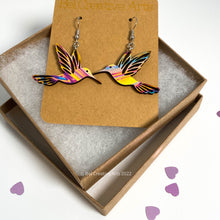 Load image into Gallery viewer, Hummingbird earrings, stripe pattern, hand made in USA
