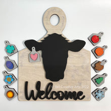 Load image into Gallery viewer, Farmhouse decor, cow sign with interchangeable tags, made in USA