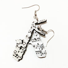 Load image into Gallery viewer, Saxophone Earrings, music note patterned earrings, made in USA