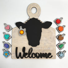 Load image into Gallery viewer, Farmhouse decor, cow sign with interchangeable tags, made in USA