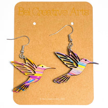 Load image into Gallery viewer, Hummingbird earrings, stripe pattern, hand made in USA