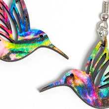 Load image into Gallery viewer, Hummingbird earrings, jewel tone pattern, hand made in USA
