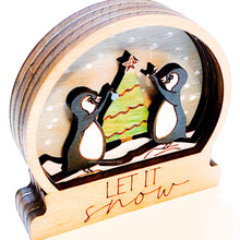 Load image into Gallery viewer, Penguins in Snow, wood snow globe style ornament, made in USA