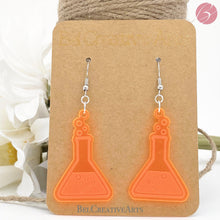 Load image into Gallery viewer, Fluorescent UV Orange Erlenmeyer Flask Dangle Drop Earrings - Women in Science (STEM/STEAM) Series - Bel Creative Arts