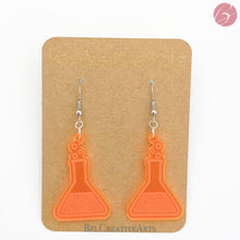 Load image into Gallery viewer, Fluorescent UV Orange Erlenmeyer Flask Dangle Drop Earrings - Women in Science (STEM/STEAM) Series - Bel Creative Arts