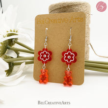 Load image into Gallery viewer, Cherry Red Daisy Flower and Guava Gummy Bear Dangle Drop Earrings - Bel Creative Arts