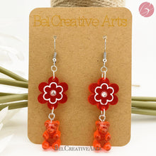 Load image into Gallery viewer, Cherry Red Daisy Flower and Guava Gummy Bear Dangle Drop Earrings - Bel Creative Arts