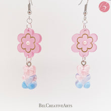 Load image into Gallery viewer, Cotton Candy Daisy Flower and Gummy Bear Earrings – Dangle Drop Style