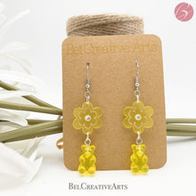 Load image into Gallery viewer, Lemon Yellow Daisy Flower and Gummy Bear Dangle Drop Earrings - Bel Creative Arts