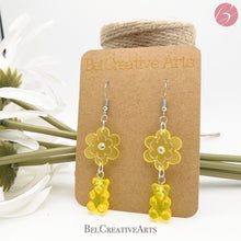 Load image into Gallery viewer, Lemon Yellow Daisy Flower and Gummy Bear Dangle Drop Earrings - Bel Creative Arts