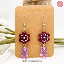 Load image into Gallery viewer, Purple Passionfruit Daisy Flower & Gummy Bear Earrings – Dangle Drop Style