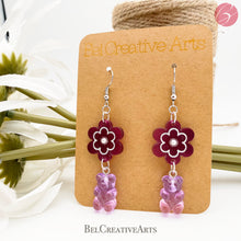Load image into Gallery viewer, Purple Passionfruit Daisy Flower & Gummy Bear Earrings – Dangle Drop Style