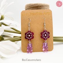 Load image into Gallery viewer, Purple Passionfruit Daisy Flower & Gummy Bear Earrings – Dangle Drop Style