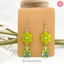 Load image into Gallery viewer, Lime Green & Blue Daisy Flower & Gummy Bear Earrings – Dangle Drop Style