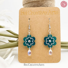 Load image into Gallery viewer, Teal Blue Daisy Flower with Raindrop Dangle Drop Earrings - Bel Creative Arts