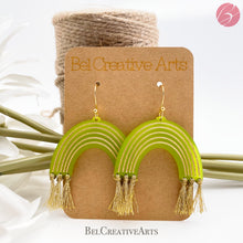 Load image into Gallery viewer, Lime green & gold rainbow earrings dangle style, made in USA