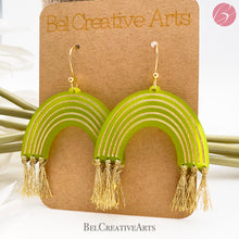 Load image into Gallery viewer, Lime green & gold rainbow earrings dangle style, made in USA