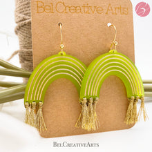 Load image into Gallery viewer, Lime green & gold rainbow earrings dangle style, made in USA