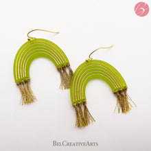 Load image into Gallery viewer, Lime green & gold rainbow earrings dangle style, made in USA