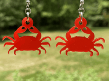 Load image into Gallery viewer, Red crab earrings, dangle style, made in USA
