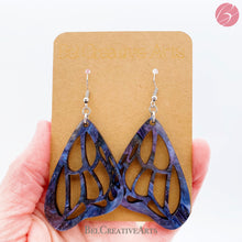 Load image into Gallery viewer, Butterfly Earrings in Purple and Blue Acrylic – Dangle Drop Style
