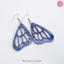 Load image into Gallery viewer, Butterfly Earrings in Purple and Blue Acrylic – Dangle Drop Style