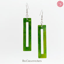 Load image into Gallery viewer, Green rectangle geometric earrings, dangle style, made in USA