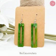 Load image into Gallery viewer, Green rectangle geometric earrings, dangle style, made in USA