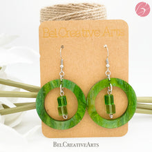 Load image into Gallery viewer, Green beaded geometric circle earrings, dangle style, made in USA