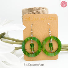 Load image into Gallery viewer, Green beaded geometric circle earrings, dangle style, made in USA