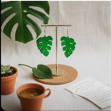 Load image into Gallery viewer, Monstera Philodendron Leaf Green Dangle Drop Earrings – Botanical Style
