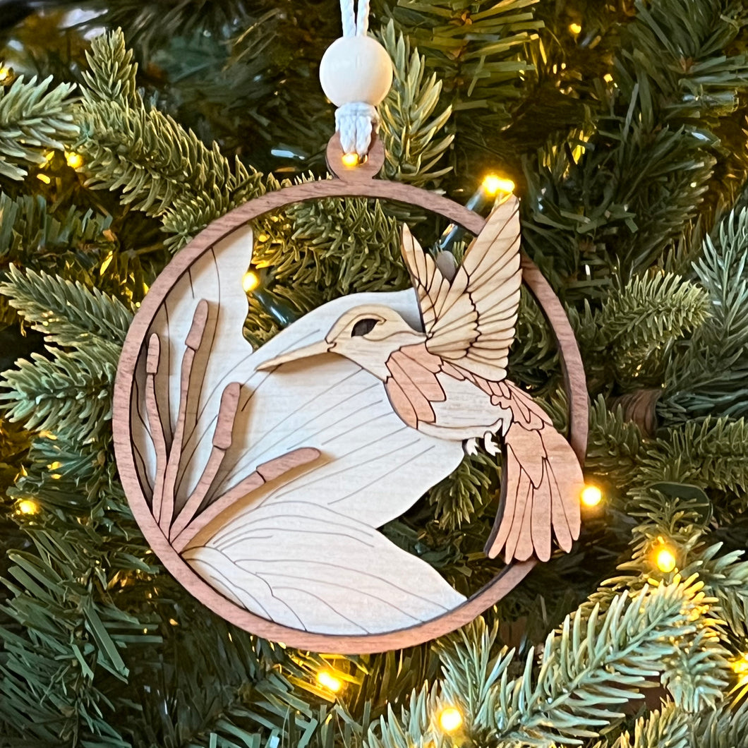 Hummingbird Christmas Layered Wood Ornament with Cattails