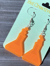 Load image into Gallery viewer, Fluorescent UV Orange Erlenmeyer Flask Dangle Drop Earrings - Women in Science (STEM/STEAM) Series - Bel Creative Arts
