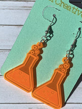 Load image into Gallery viewer, Fluorescent UV Orange Erlenmeyer Flask Dangle Drop Earrings - Women in Science (STEM/STEAM) Series - Bel Creative Arts
