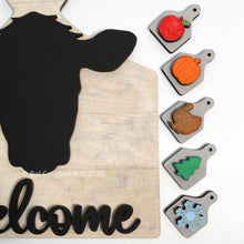 Load image into Gallery viewer, Farmhouse decor, cow sign with interchangeable tags, made in USA
