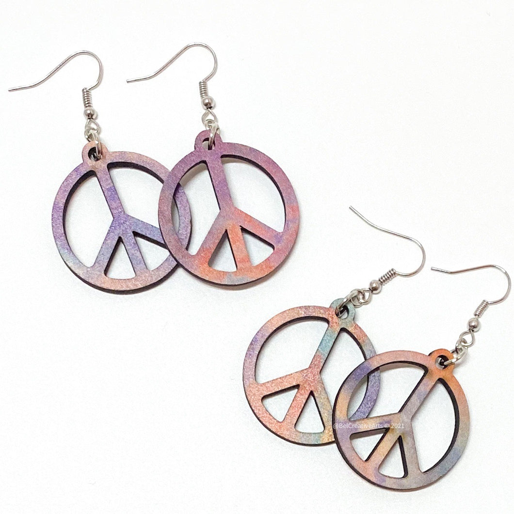 Peace sign earrings, tie-dyed, dangle style, made in USA