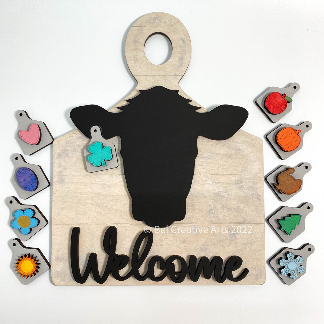 Farmhouse decor, cow sign with interchangeable tags, made in USA
