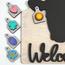 Load image into Gallery viewer, Farmhouse decor, cow sign with interchangeable tags, made in USA
